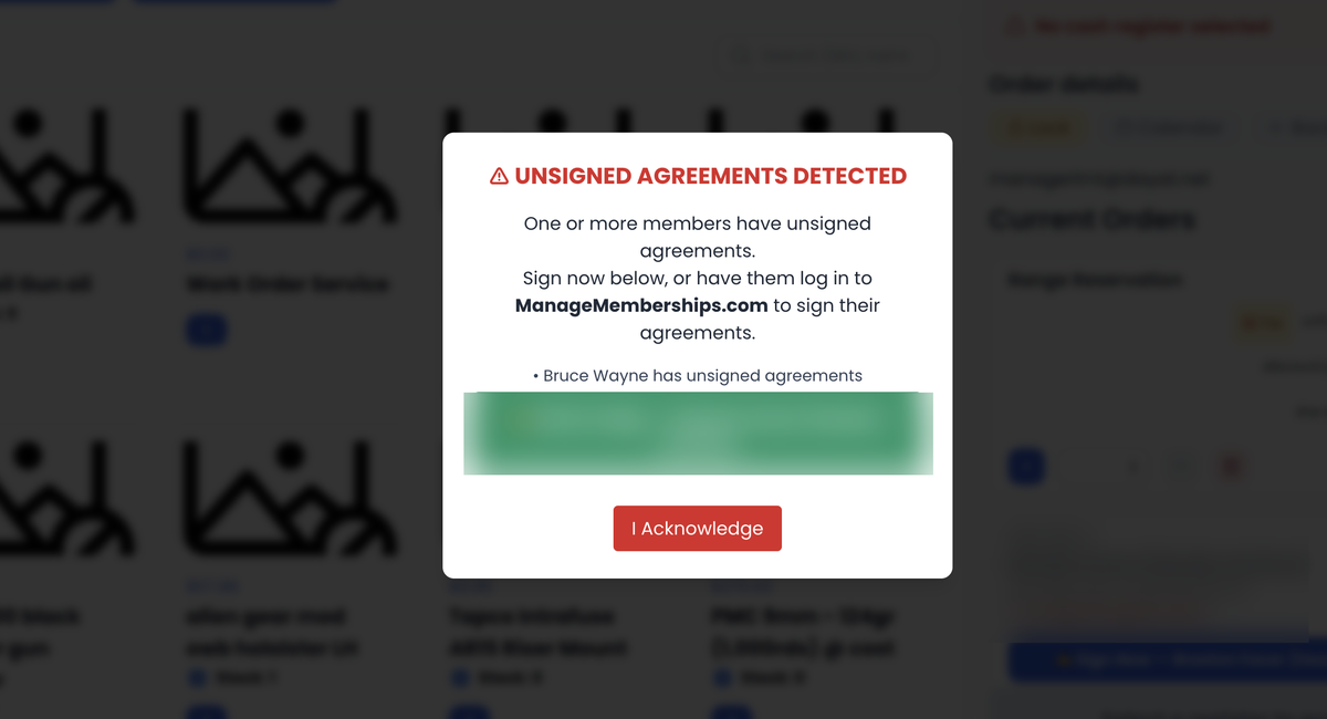 ManageMemberships point-of-sale screen showing an Unsigned Agreements Detected warning that blocks the transaction until the member signs their waiver