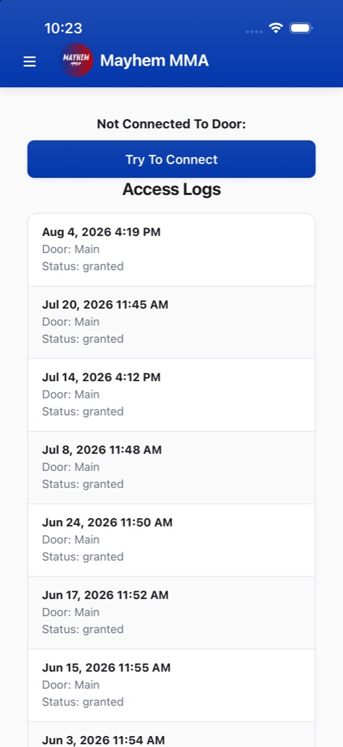 The door access screen in Mayhem MMA's branded app, listing the member's own door entries with date, door and status