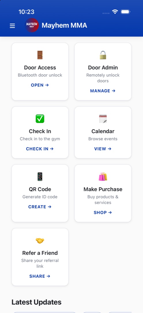 Mayhem MMA's branded member app on an iPhone, with tiles for door access, check-in, the class calendar, a QR ID code, purchases and referrals