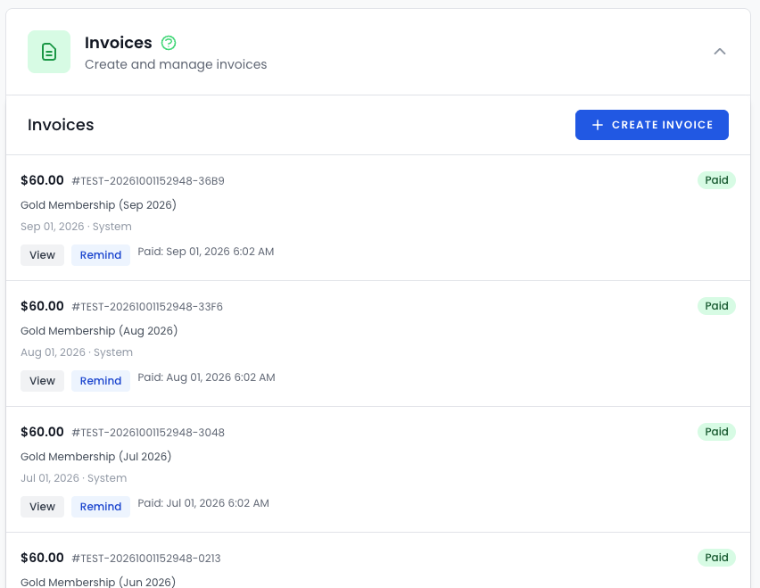 A member's invoice list in ManageMemberships showing four monthly Gold Membership invoices of $60.00, each marked Paid on the first of the month