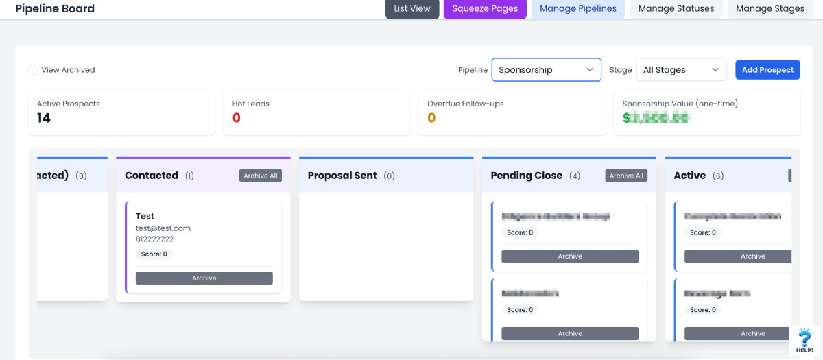 Sponsorship pipeline tracking